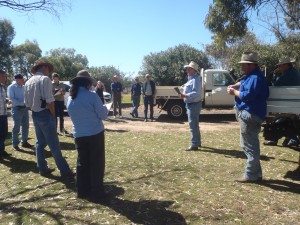 Representatives of the Willandra Creek water users meet to discuss local issues with the LRWG and Commonwealth Environmental Water Office (CEWO) representatives at Morrisons Lake on Willandra Creek (Image: Lisa Thurtell, OEH, 15 September 2011)