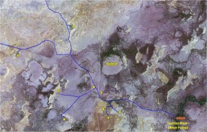 Image of first section of  open earth channels which start and spread out from the Lachlan River (far right) (Image: NoW)