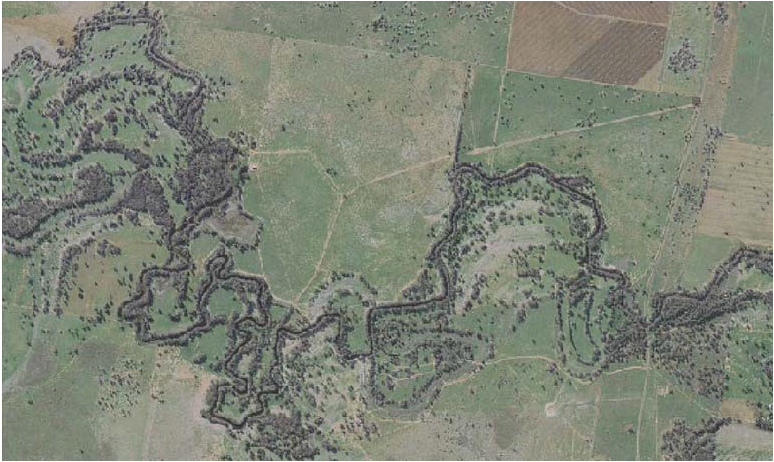 Location of Yarnel Lagoon on Wallaroi Creek, showing approximate positions of earthern blockbank (orange bar) and concrete sill (orange arrow). Aerial imagery, NSW Land and Property Management Authority SIX Viewer © NSW Lands 2008. Downloaded 4th June 2010.
